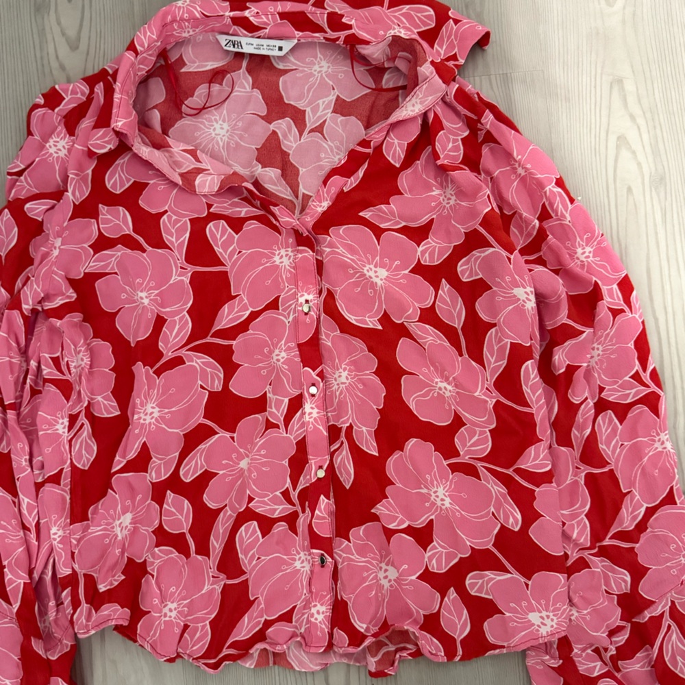 Zara Red and Pink Floral Blouse